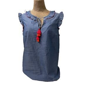 Boden Women’s Chambray Top Cap Sleeve Blue Tassel Tie Front Cottagecore US 4